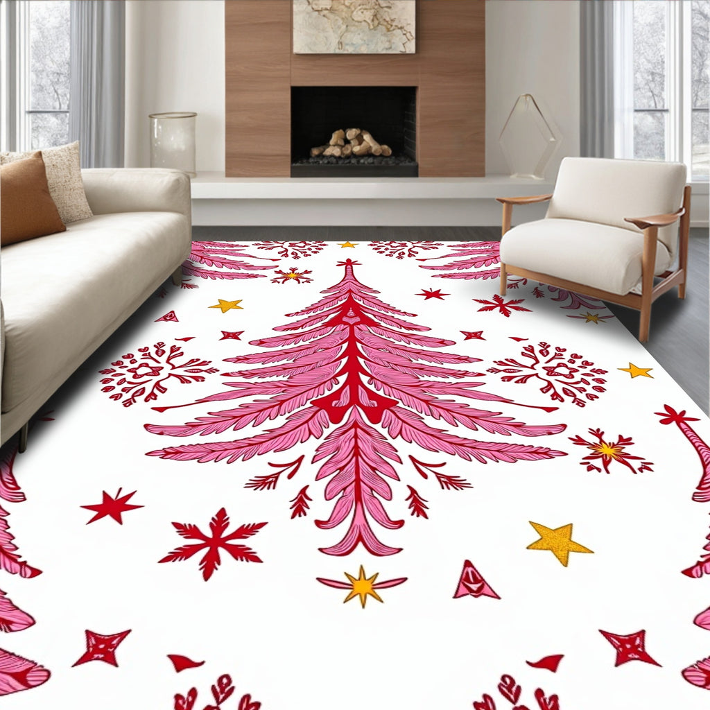 Pink Feathered Festive Christmas Trees Rug