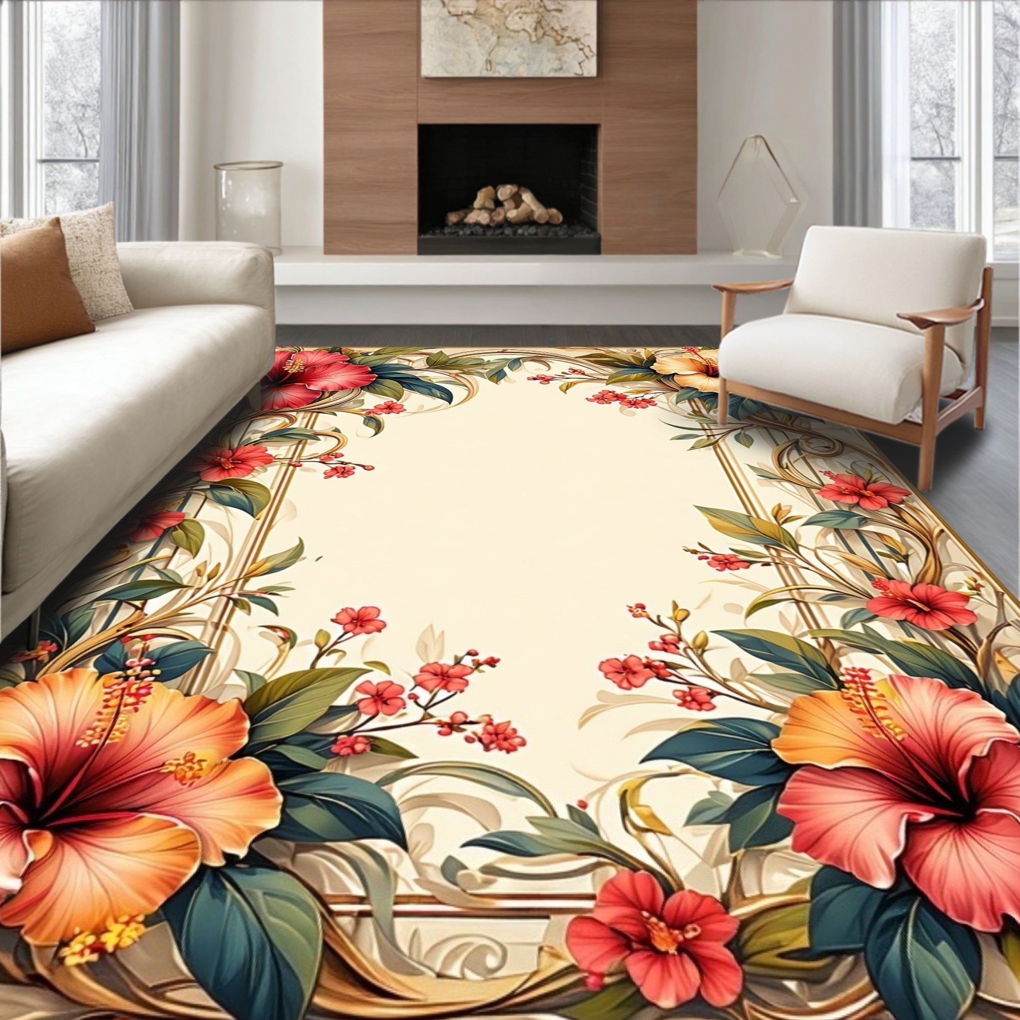Tropical Floral Vines and Gold Trim Rug