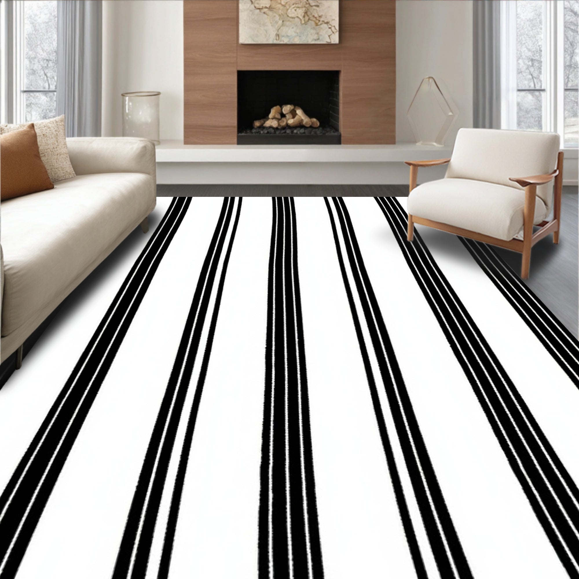 Bold Black White Pinstripe Design Rug