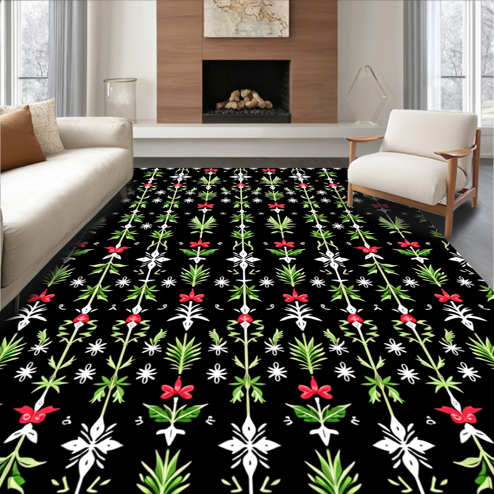 Whimsical Red Green Floral Tall Plants Rug
