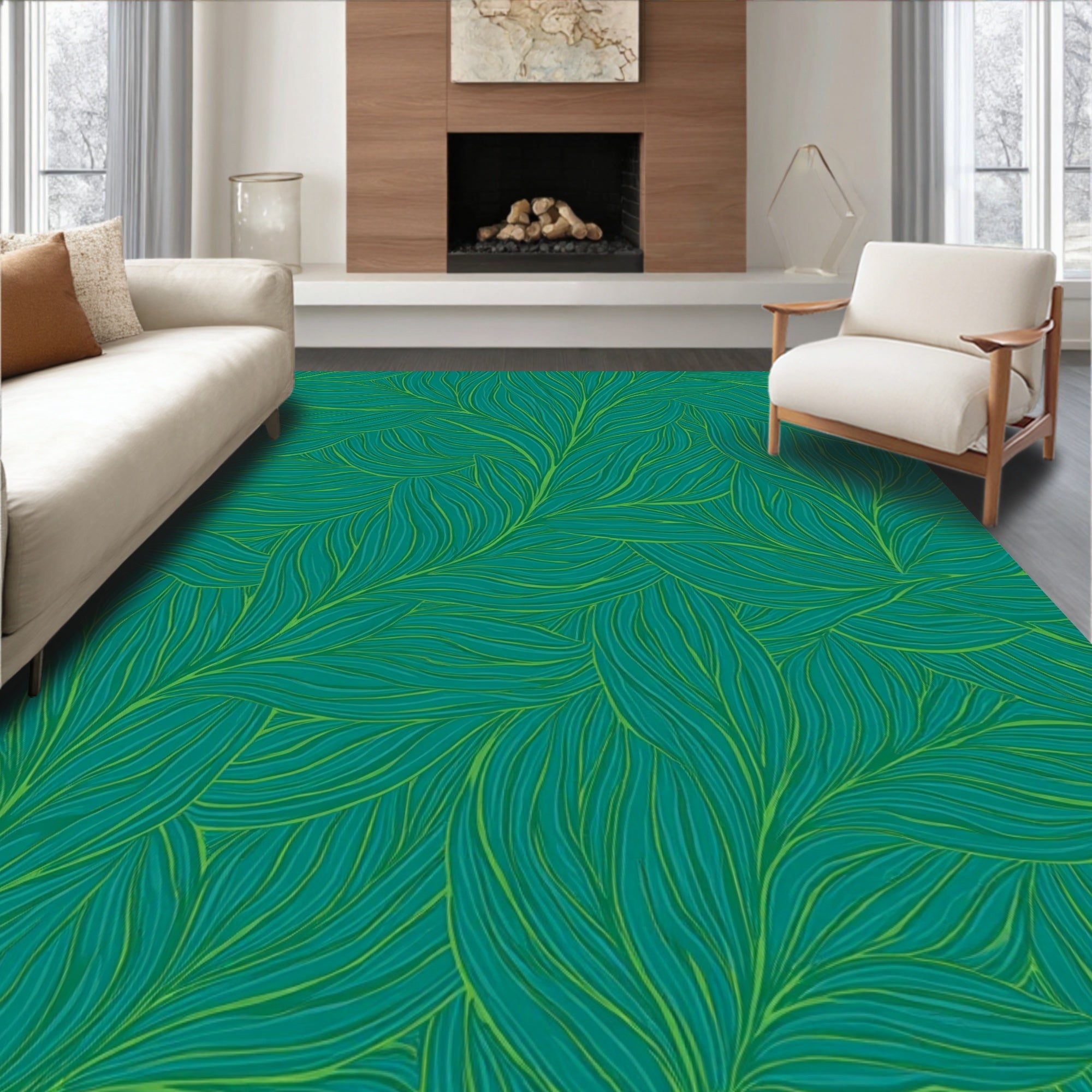 Teal Green Abstract Leaf Pattern Rug