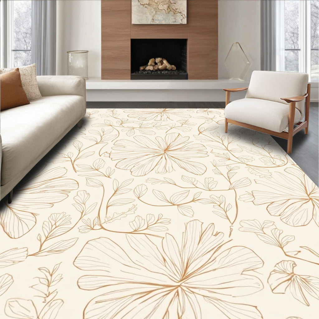 Botanical Outline Beige Floral Pattern Rug
