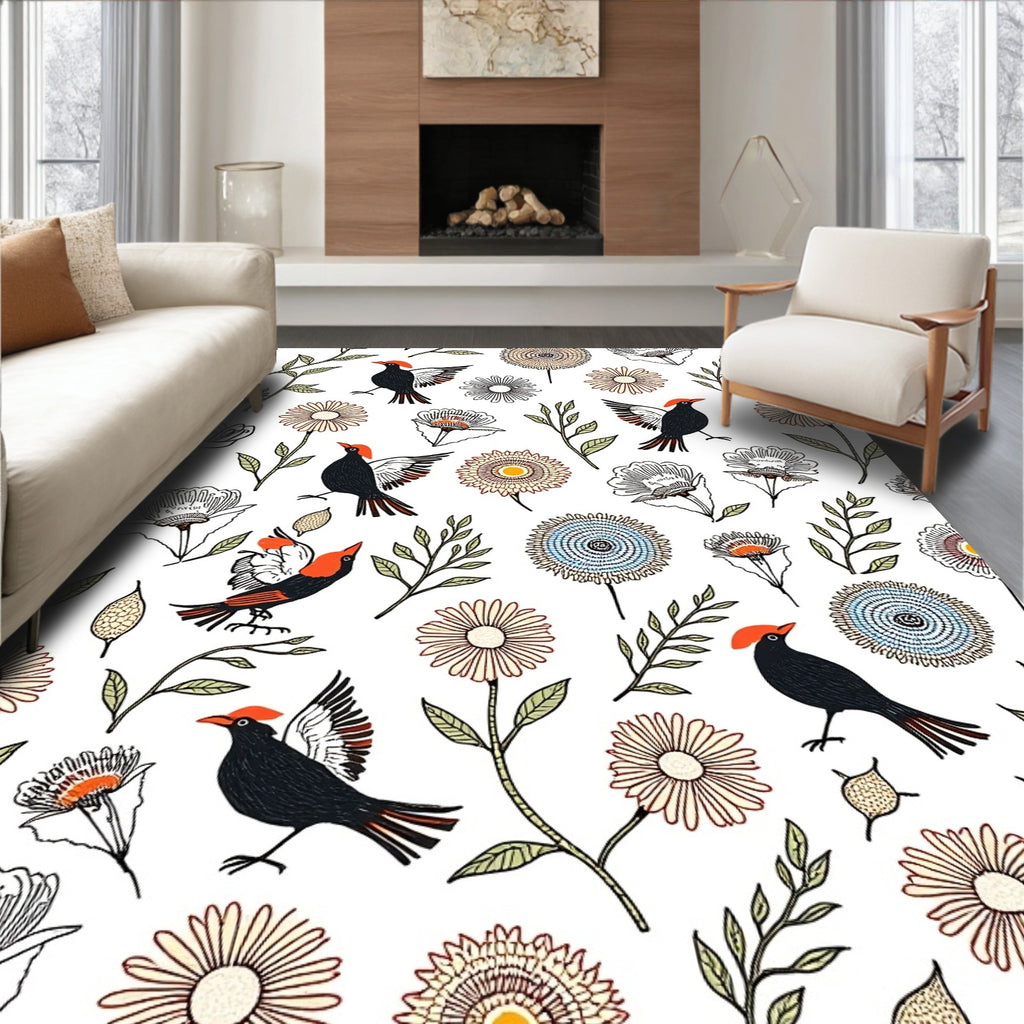 Whimsical Bird Floral Sketch Pattern Rug