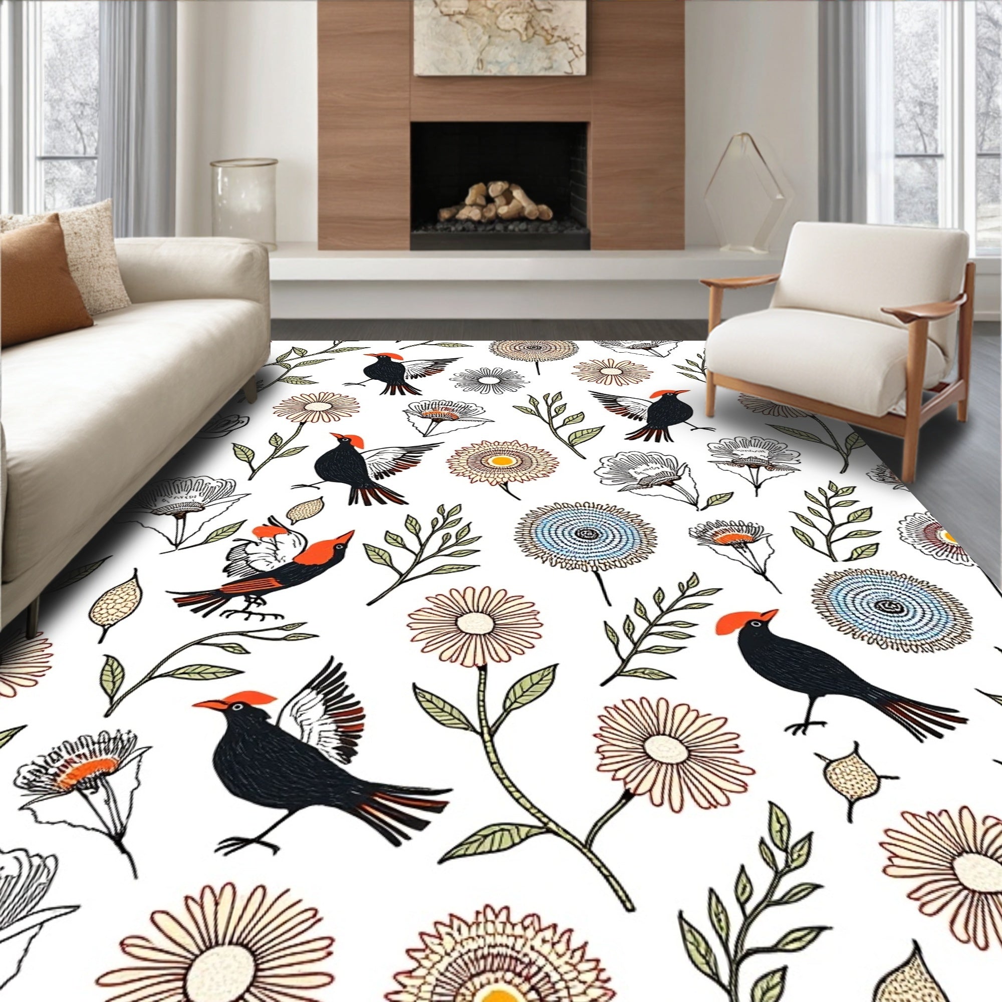 Whimsical Bird Floral Sketch Pattern Rug