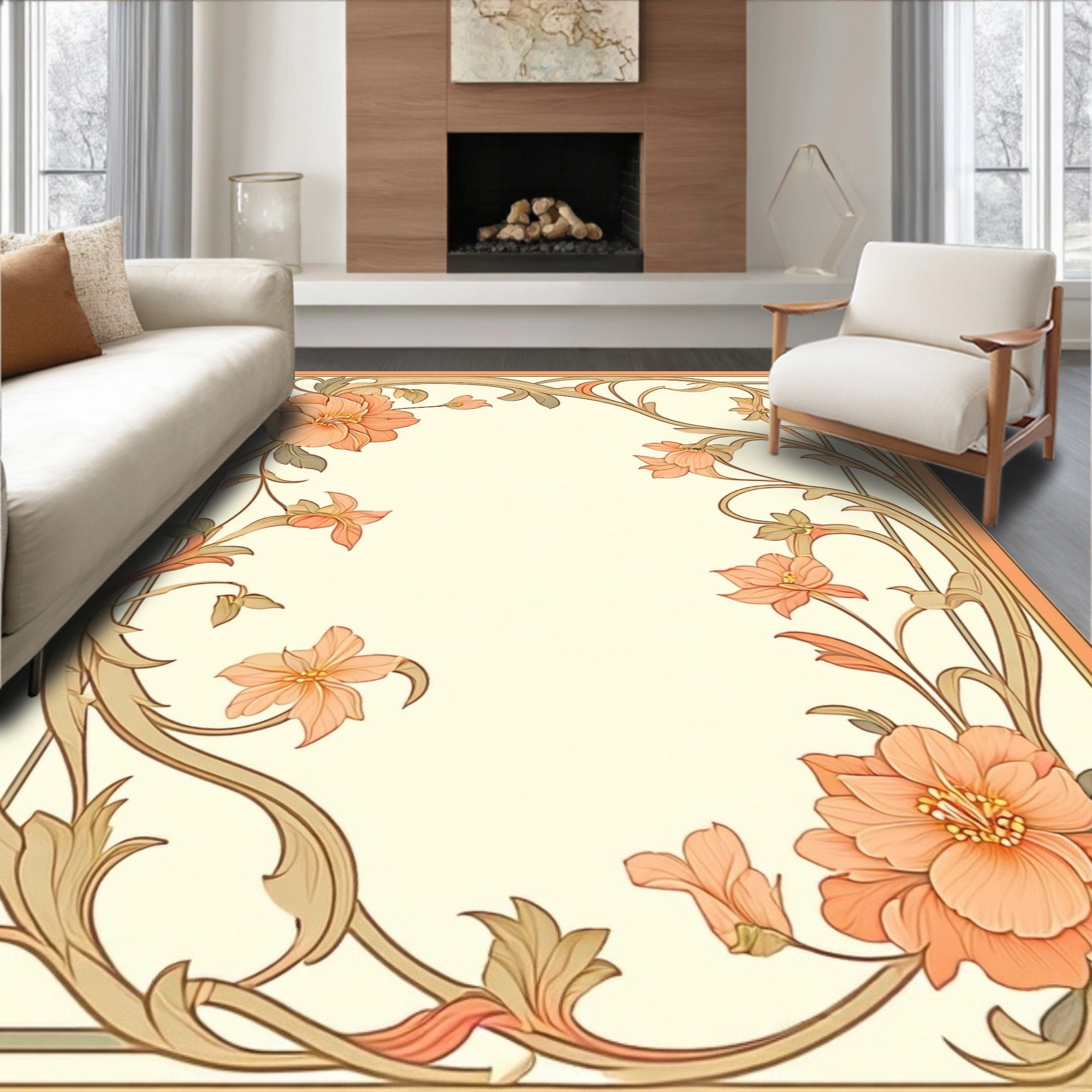 Art Nouveau Floral Swirls Peach Rug