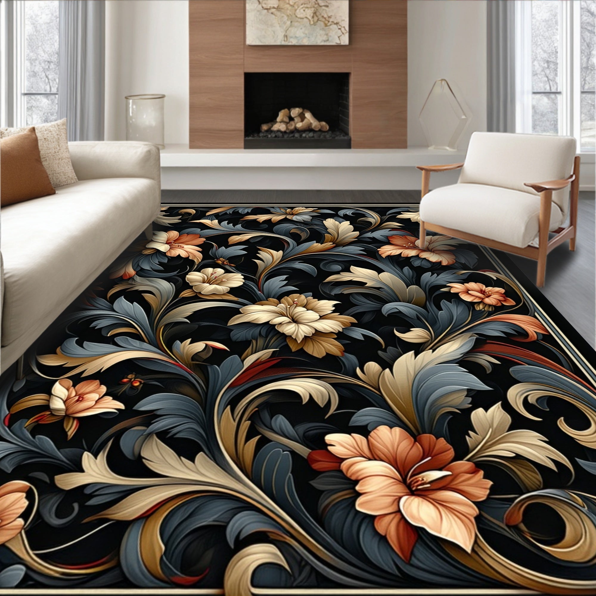 Elegant Floral Swirls Dark Pattern Rug
