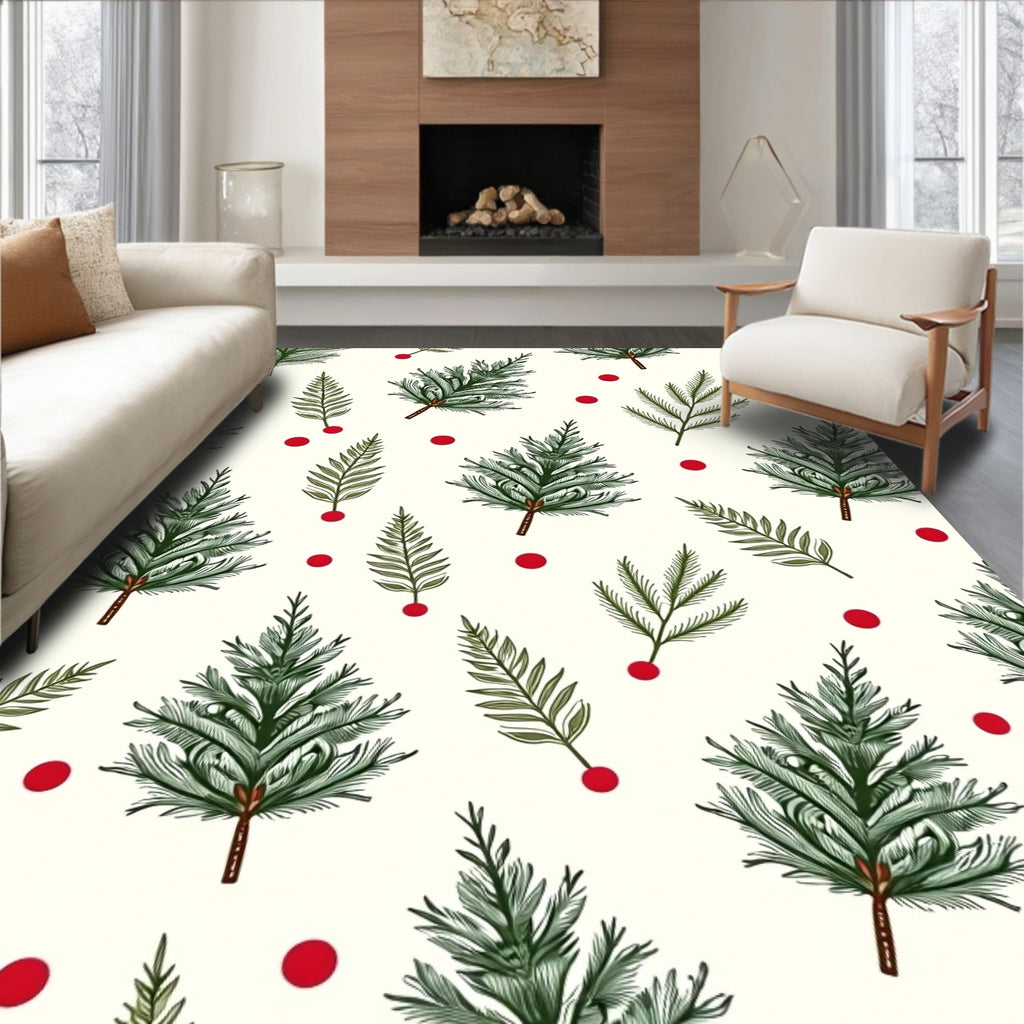 Green Pine Sprigs Red Berry Garland Rug