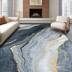 Abstract Blue Gold Veined Marble Pattern Rug
