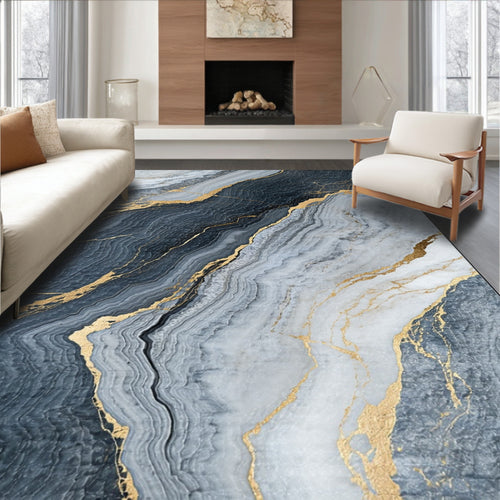 Abstract Blue Gold Veined Marble Pattern Rug
