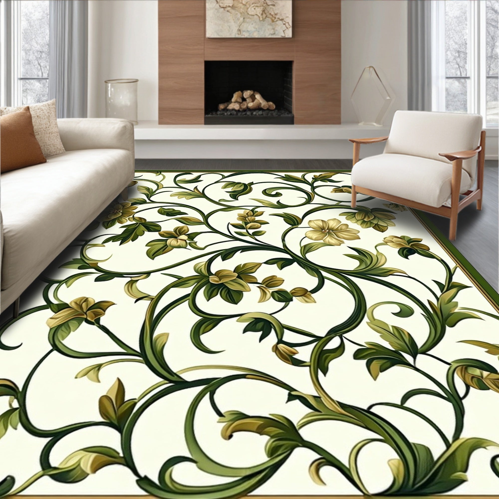 Elegant Green Floral Vine Scroll Design Rug