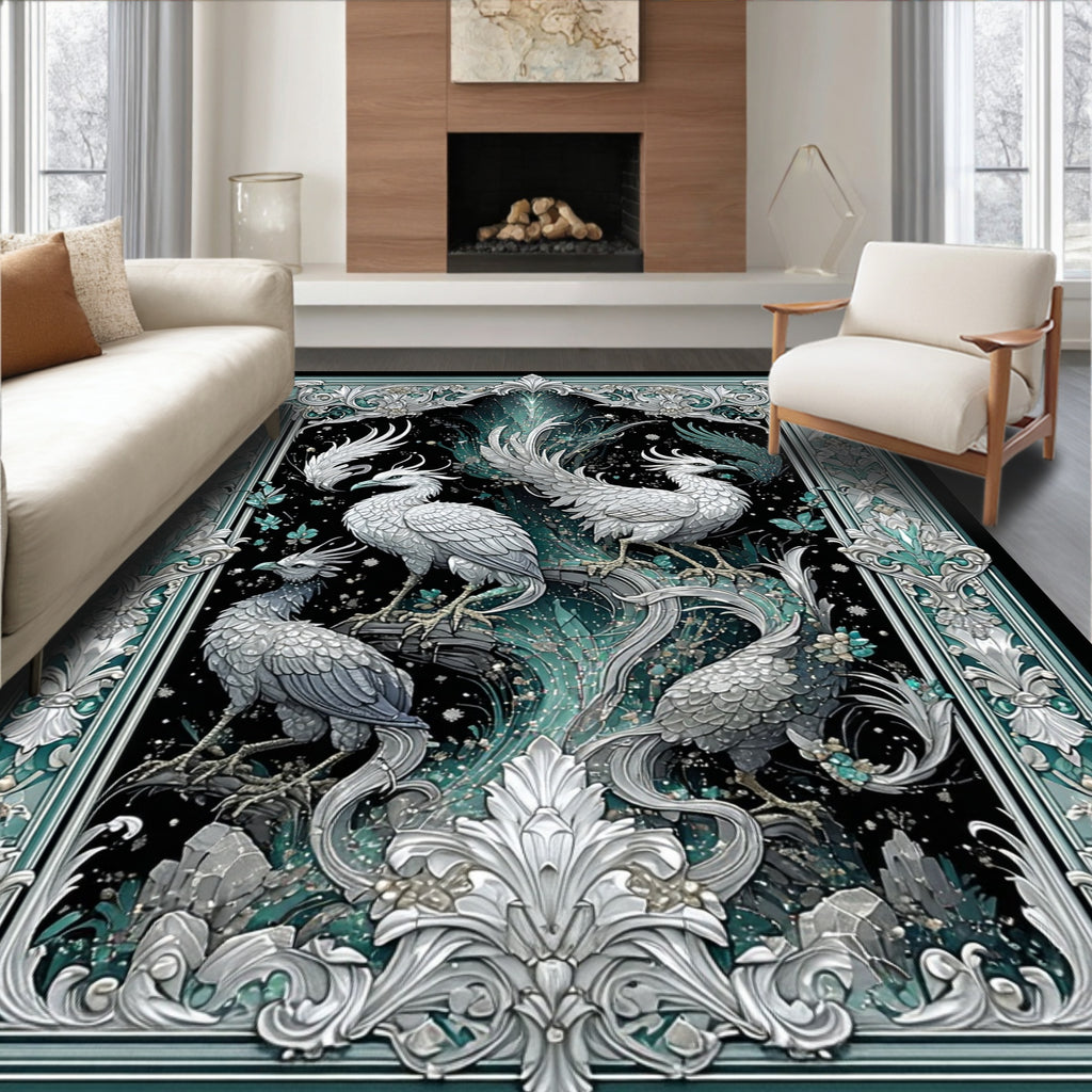 Ornate White Birds Teal Feather Design Rug