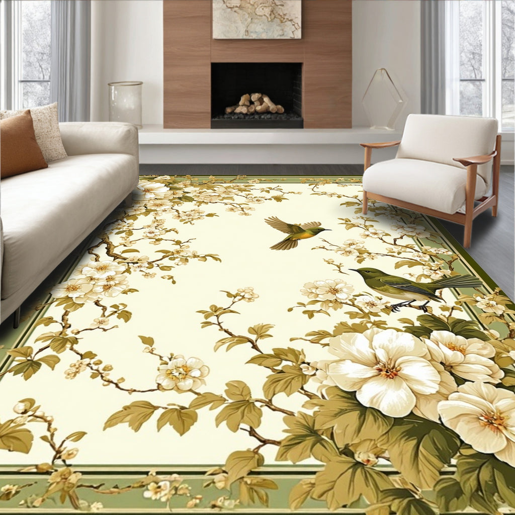 Whimsical Bird Floral Branch Motif Rug