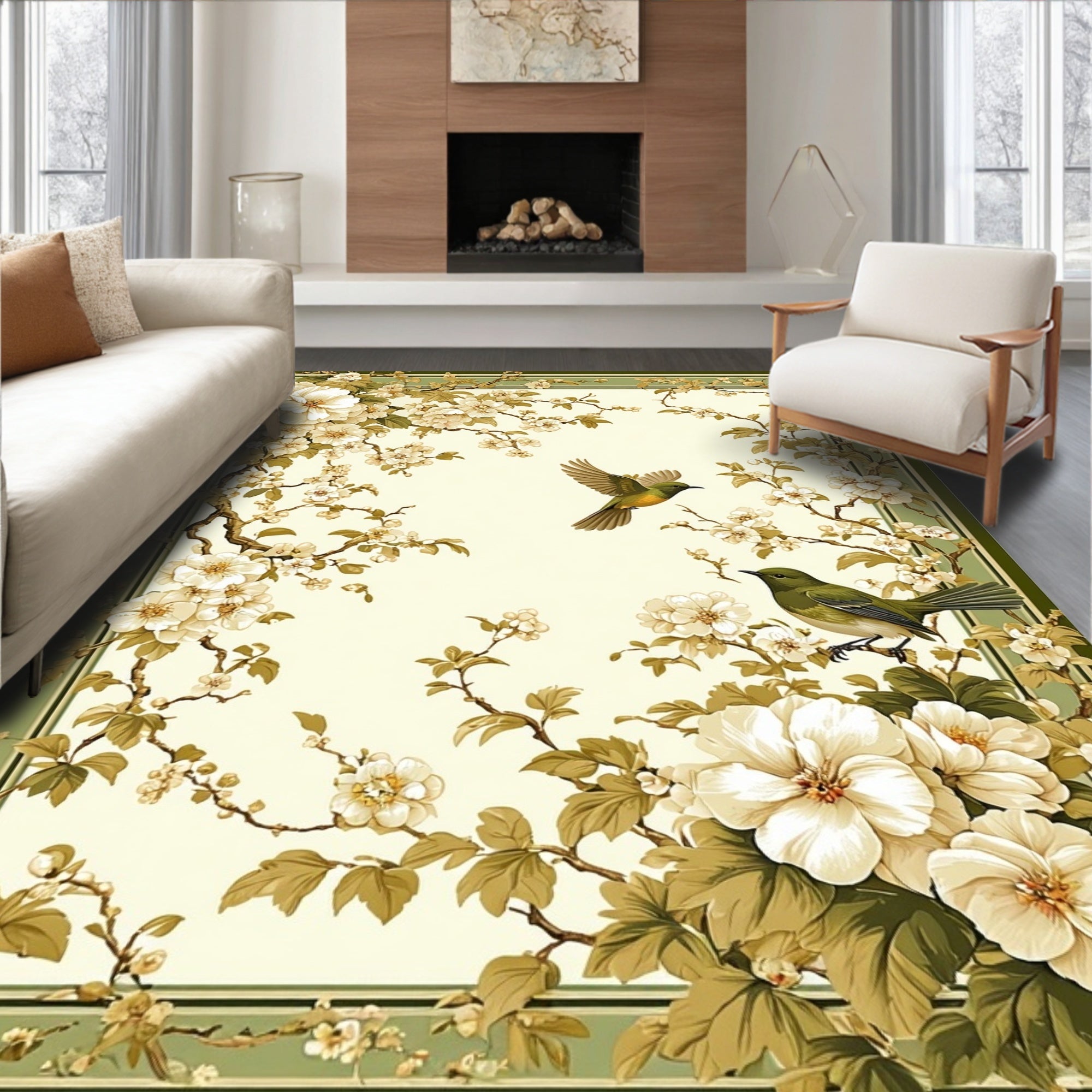 Whimsical Bird Floral Branch Motif Rug