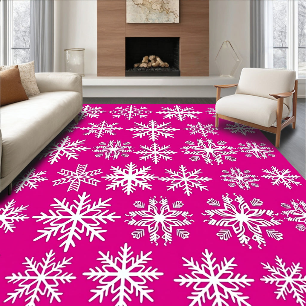 White Snowflakes on Magenta Background Rug