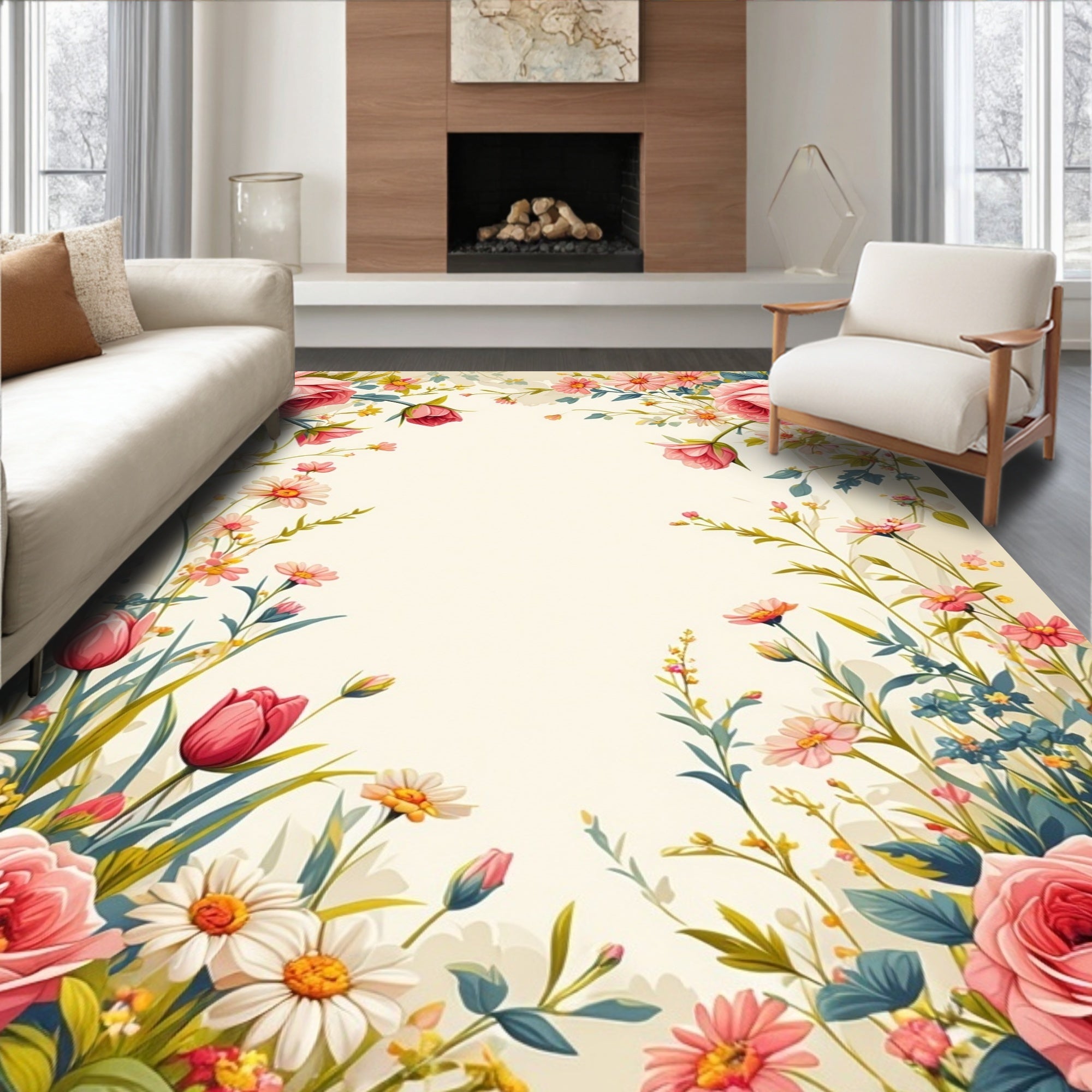 Pink Rose Meadow Garden Pattern Rug