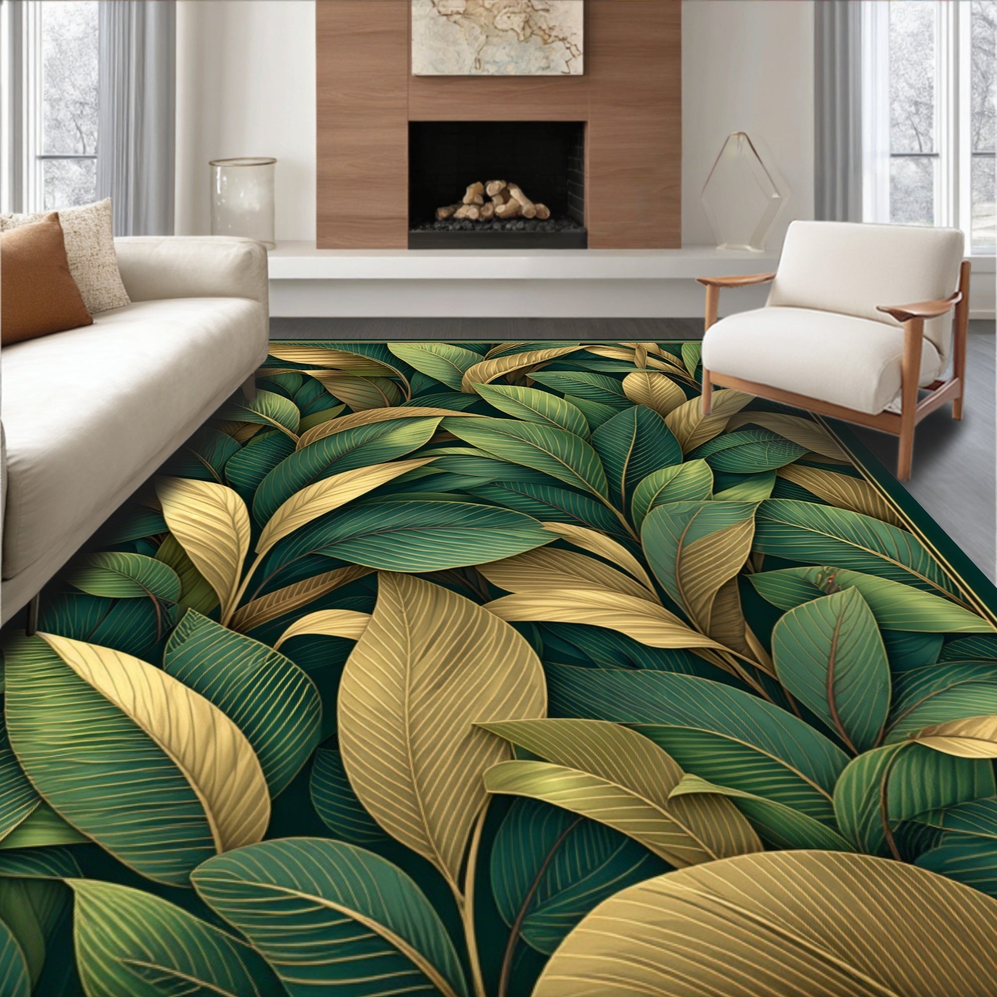 Lush Tropical Leaf Pattern Gold Rug