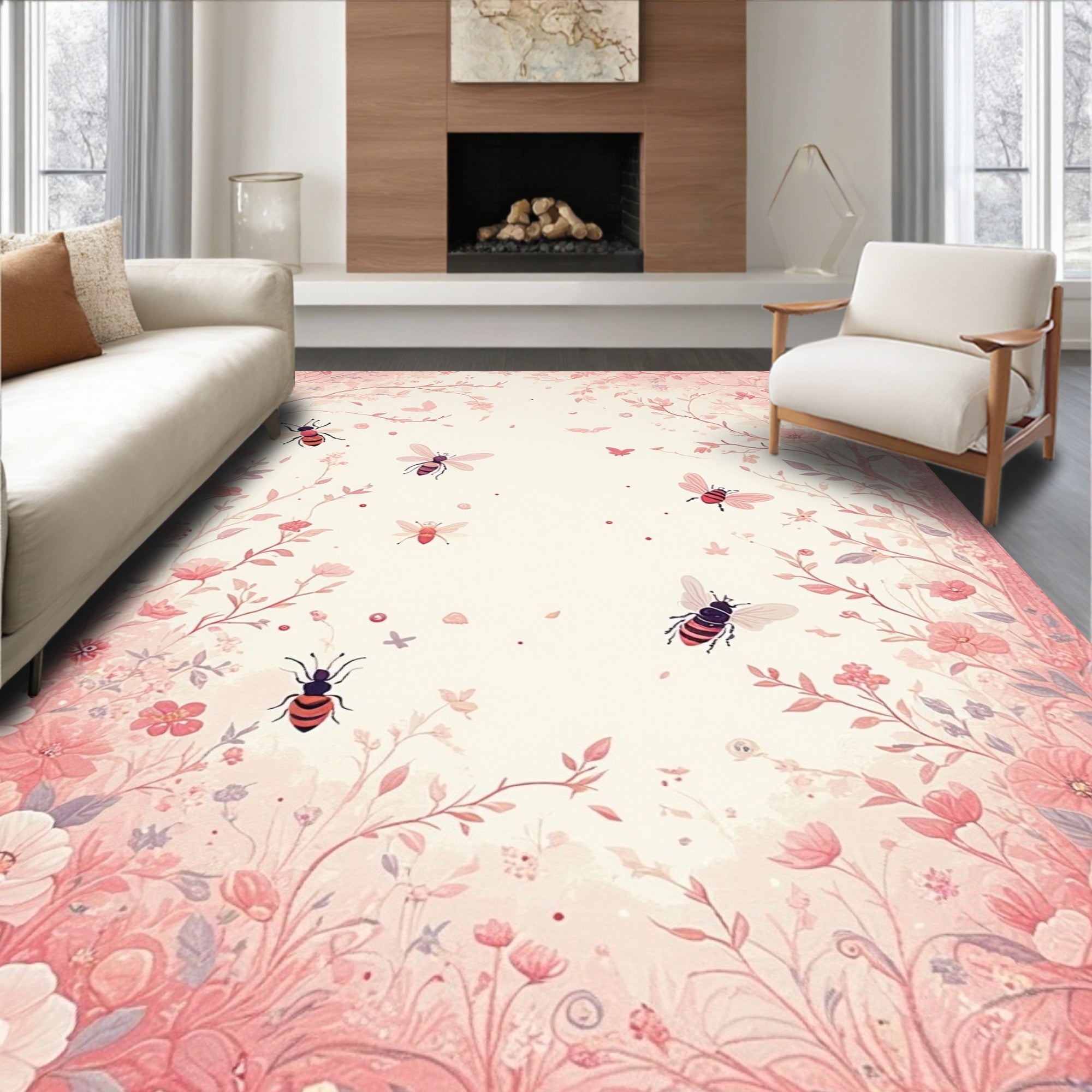 Whimsical Pink Floral Bee Meadow Rug