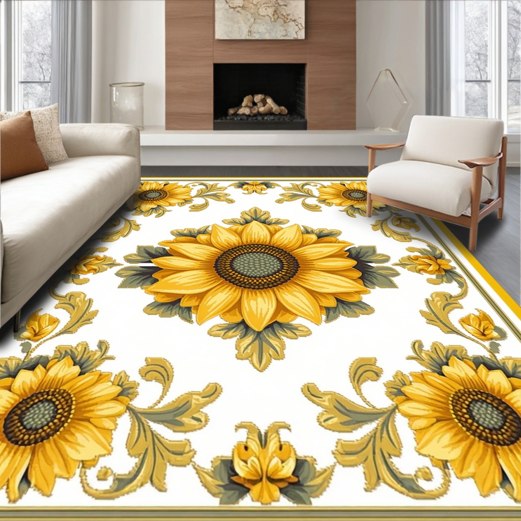 Golden Sunflower Scrollwork Pattern Rug