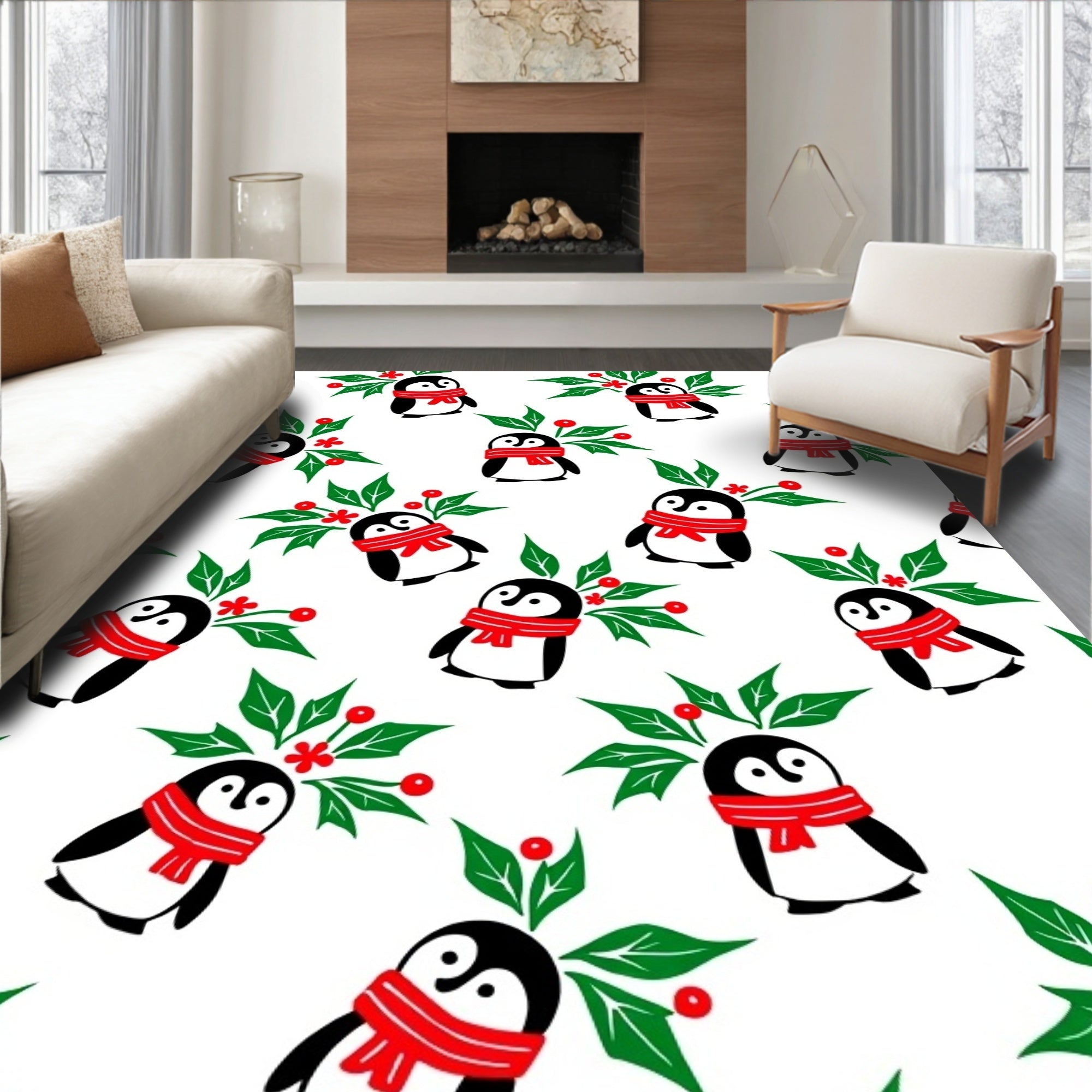 Cute Penguin Holly Berry Garland Rug