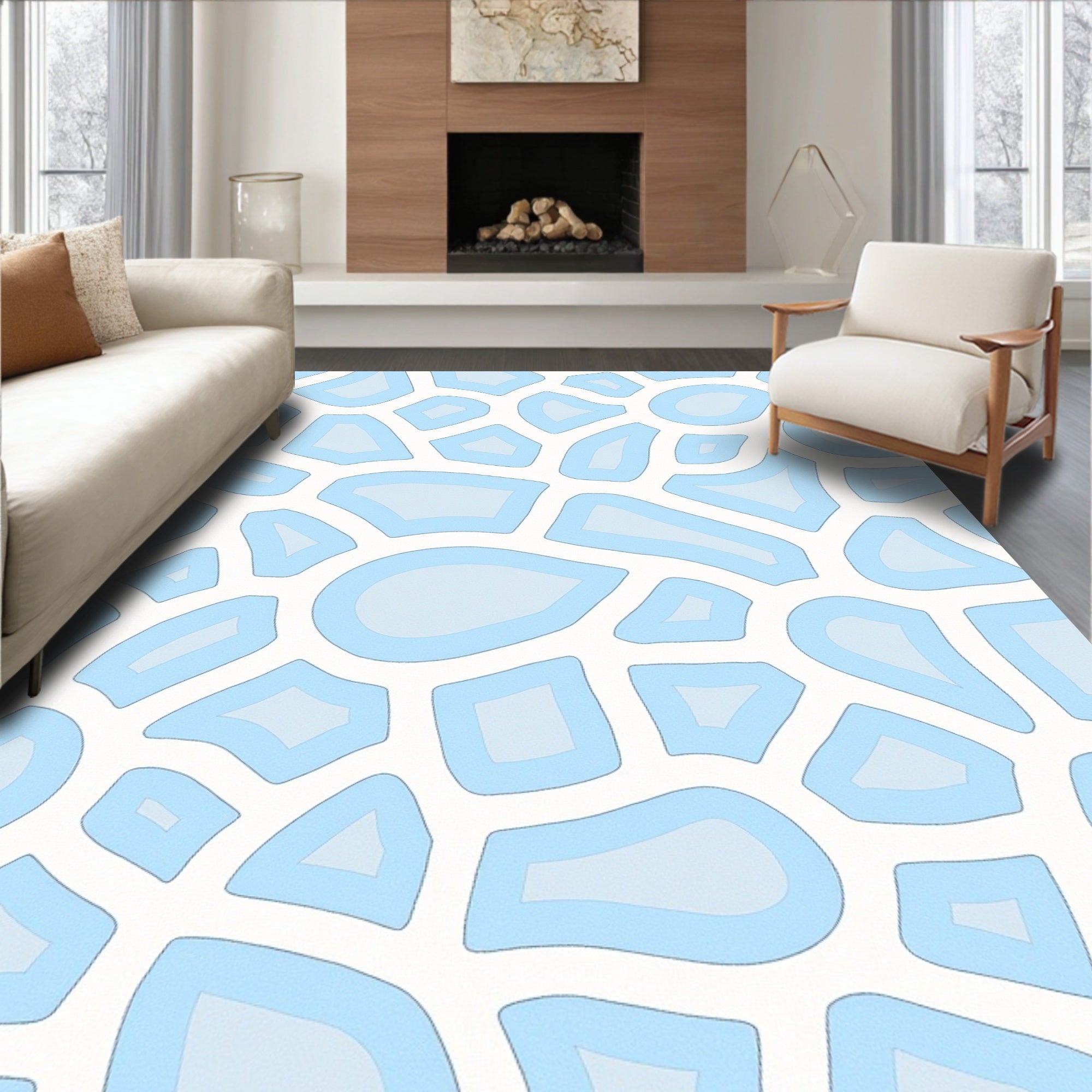 Soft Blue Abstract Organic Shapes Rug