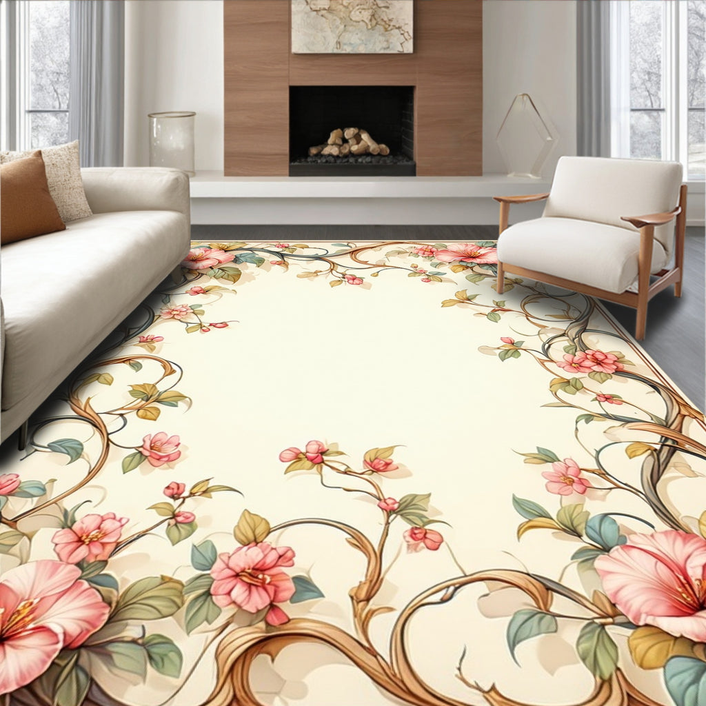 Elegant Pink Floral Vine Design Rug