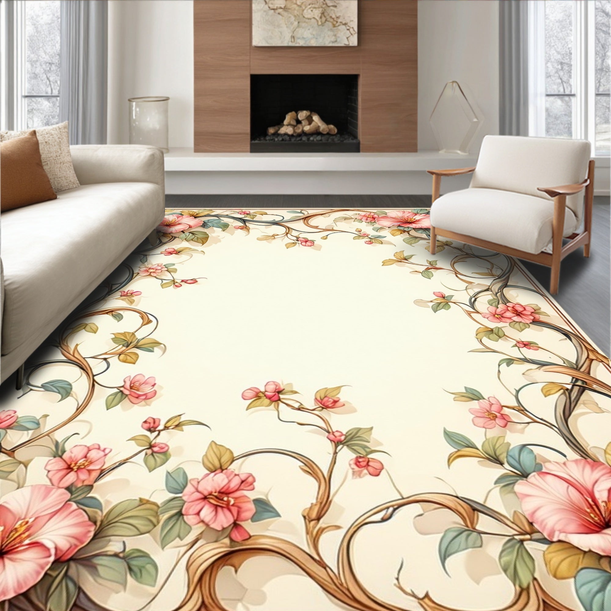 Elegant Pink Floral Vine Design Rug