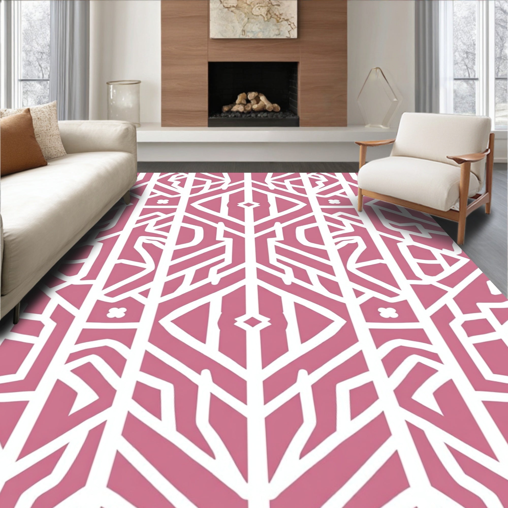 Pink White Stylized Geometric Pattern Rug