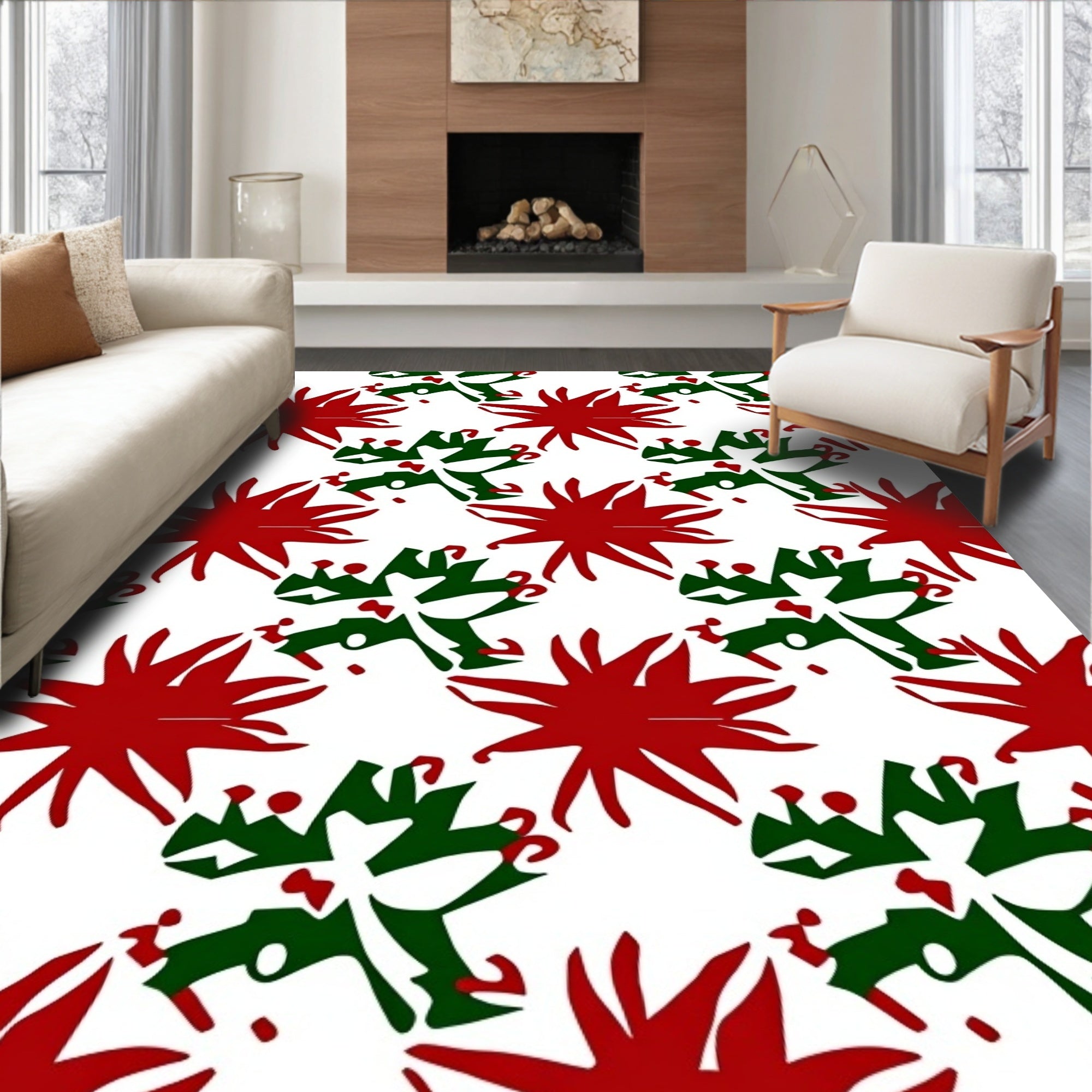 Red Starburst Green Abstract Repeat Rug