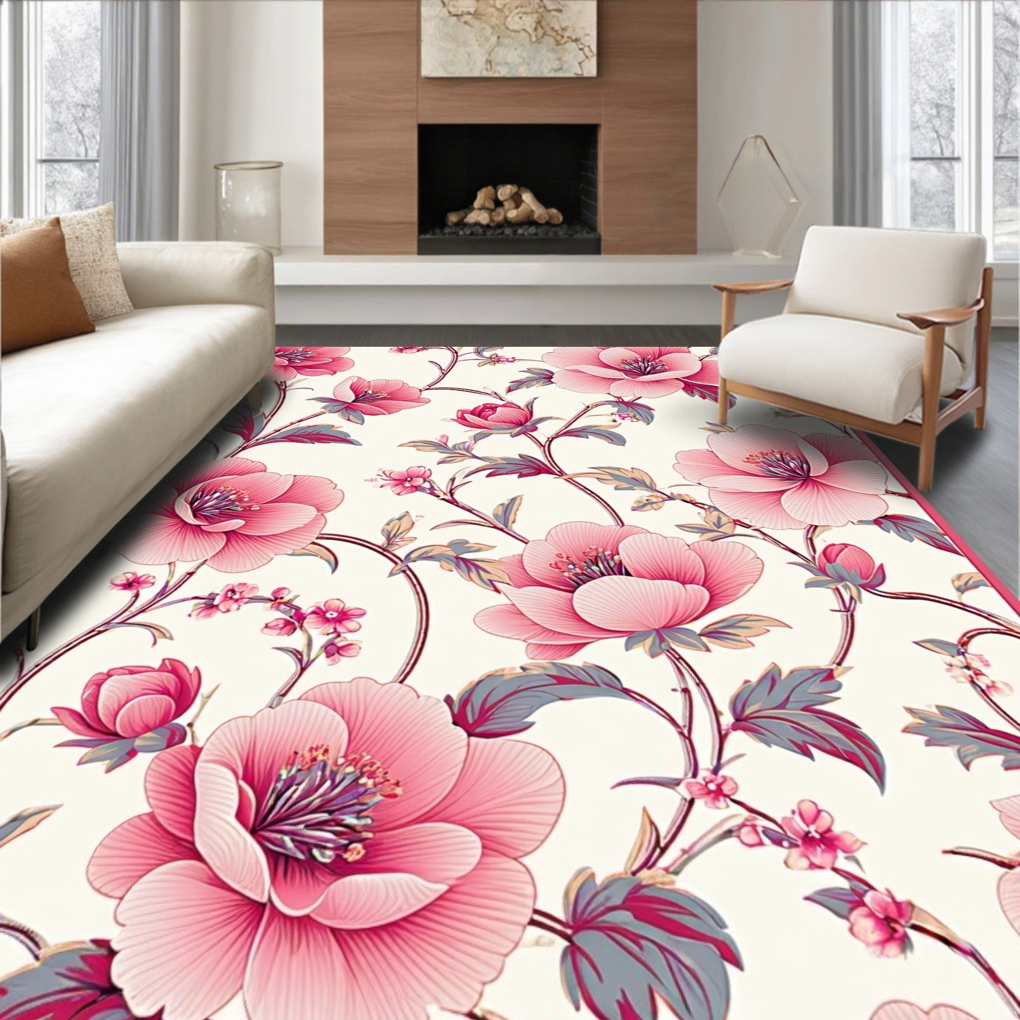 Ornate Pink Floral Vine Pattern Rug