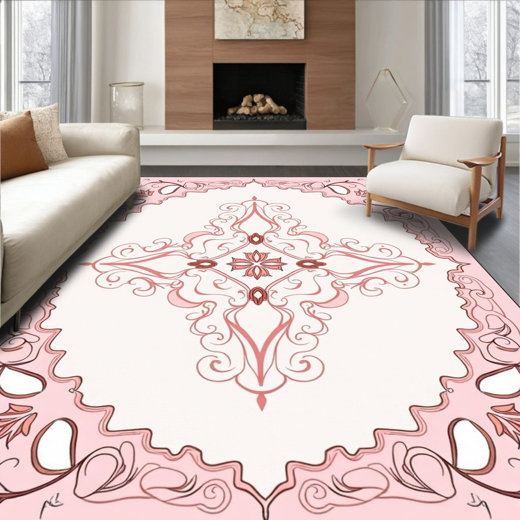Pink Floral Scrollwork Symmetry Design Rug
