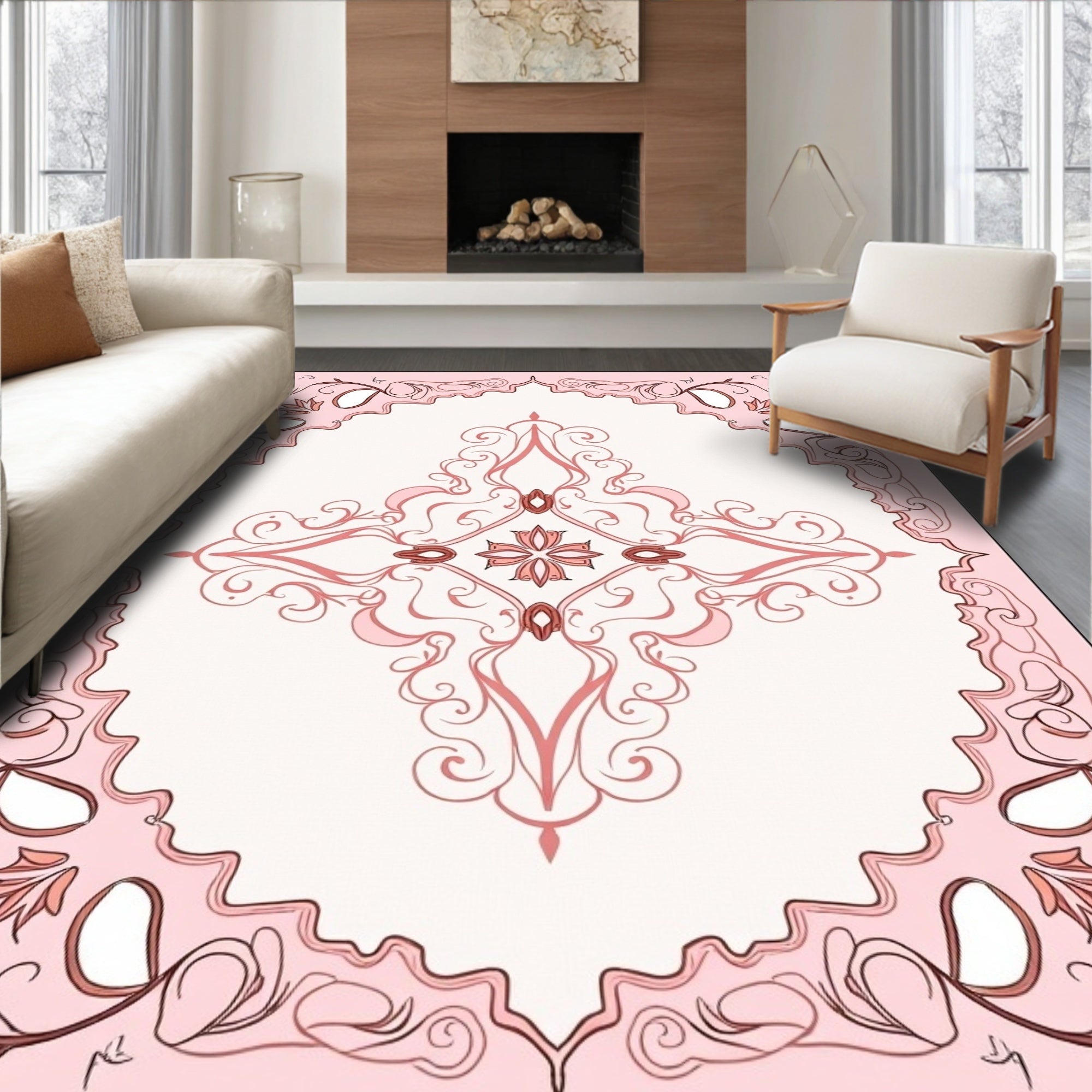 Pink Floral Scrollwork Symmetry Design Rug