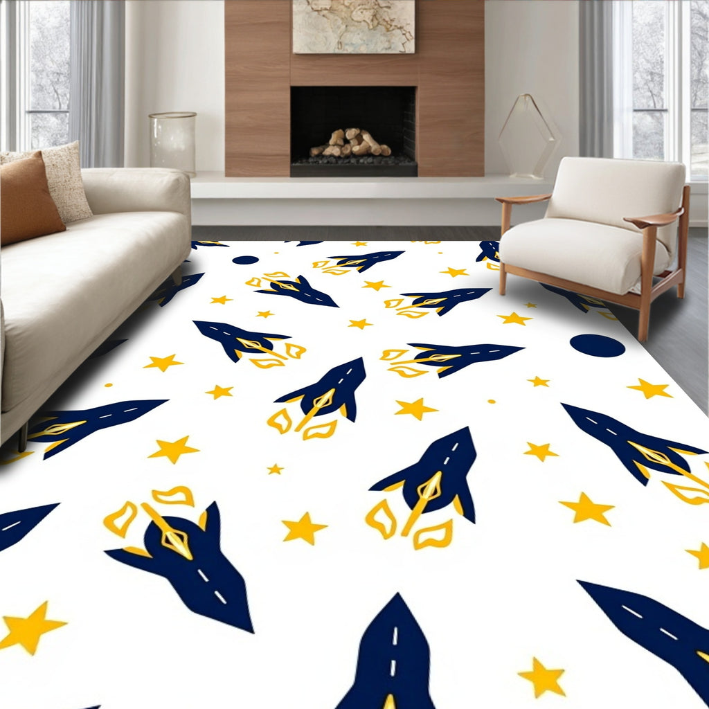Dark Blue Rocket Ship Starscape Rug