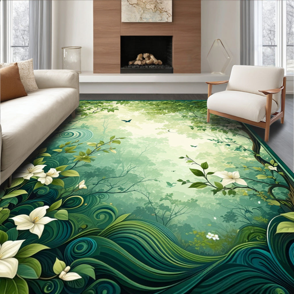 Whimsical Forest Scene Floral Pattern Rug