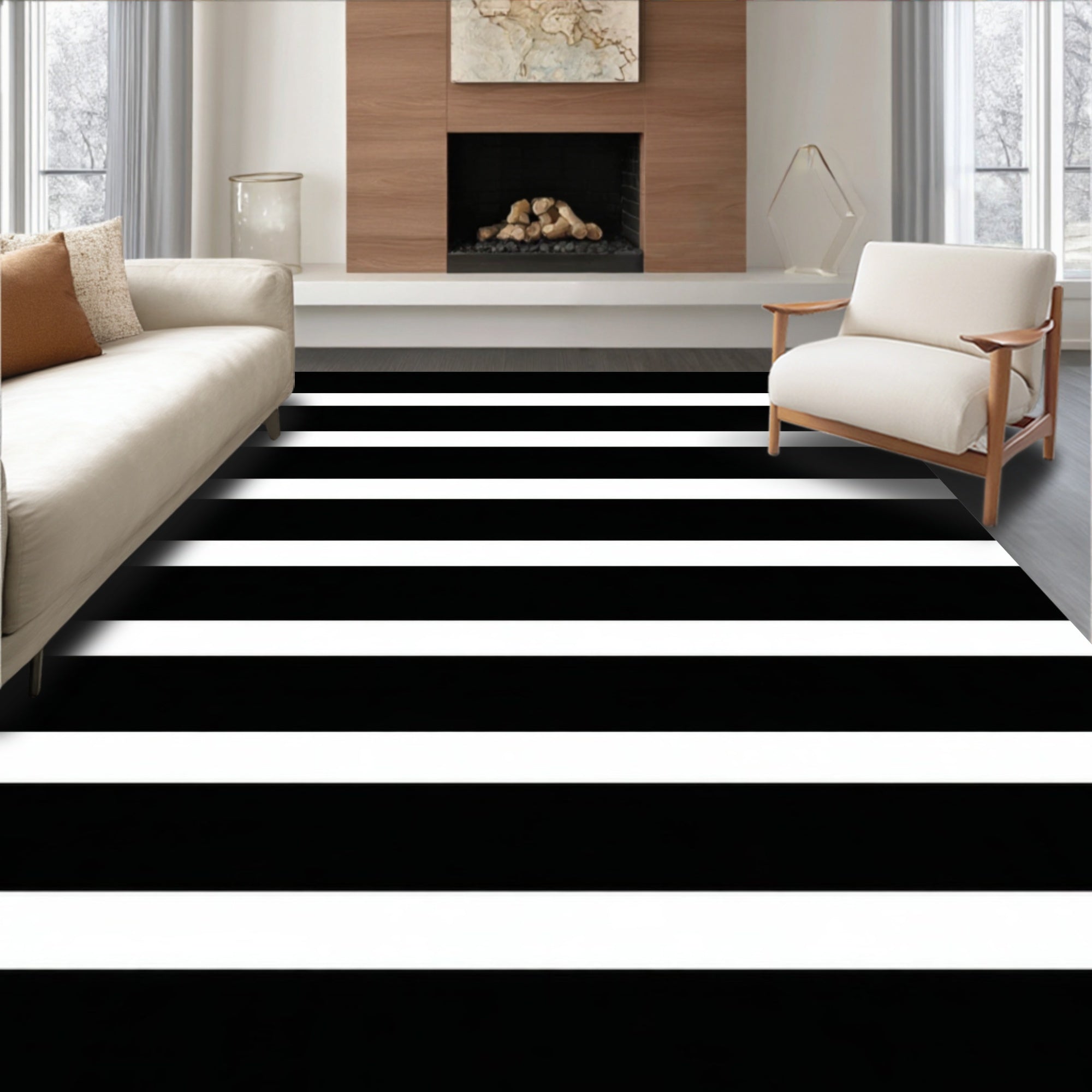 Bold Black White Stripe Design Rug