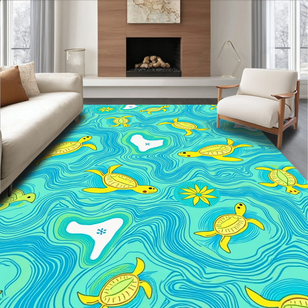 Whimsical Yellow Turtle Water Pattern Rug