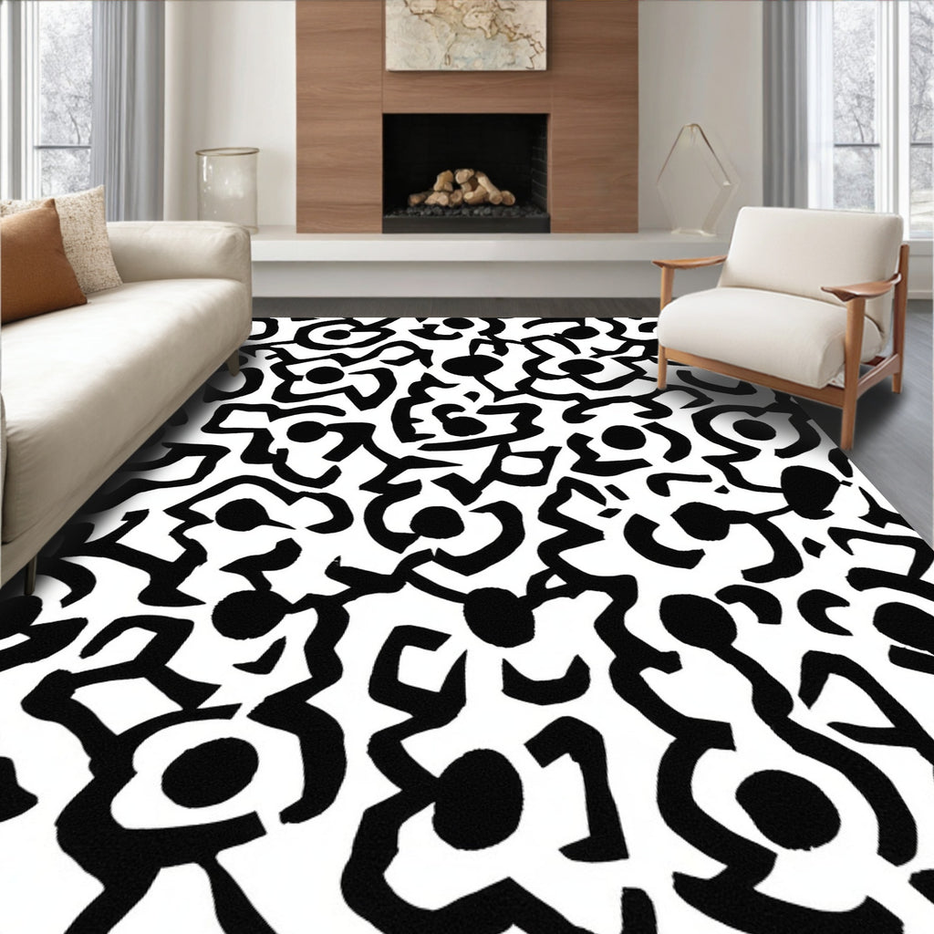 Abstract Black White Floral Pattern Rug