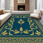 Deep Teal Golden Leaf Border Rug
