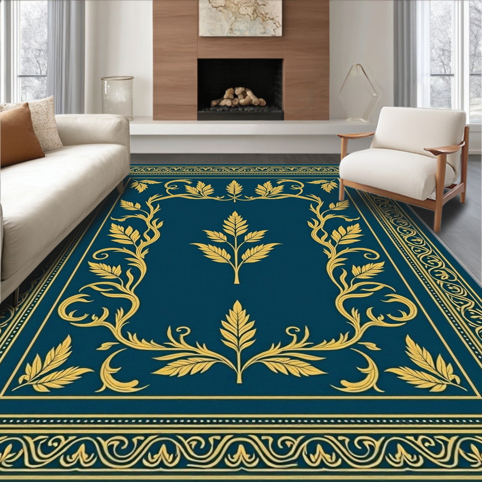 Deep Teal Golden Leaf Border Rug