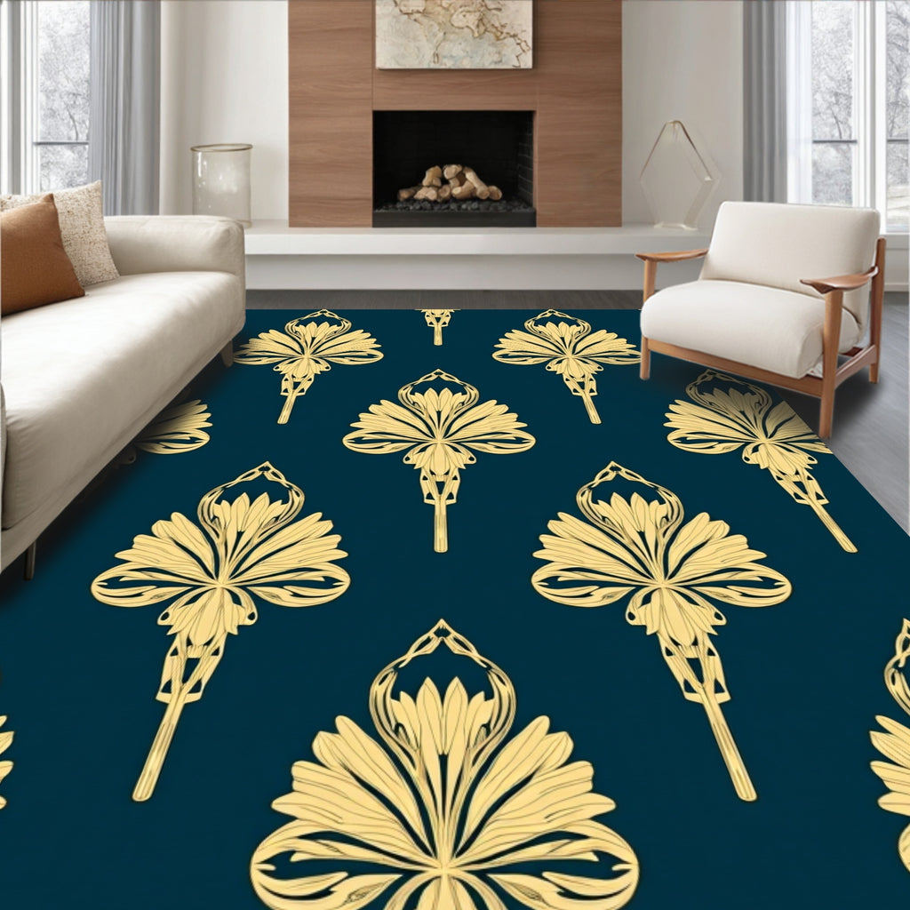 Art Deco Golden Floral Pattern Rug