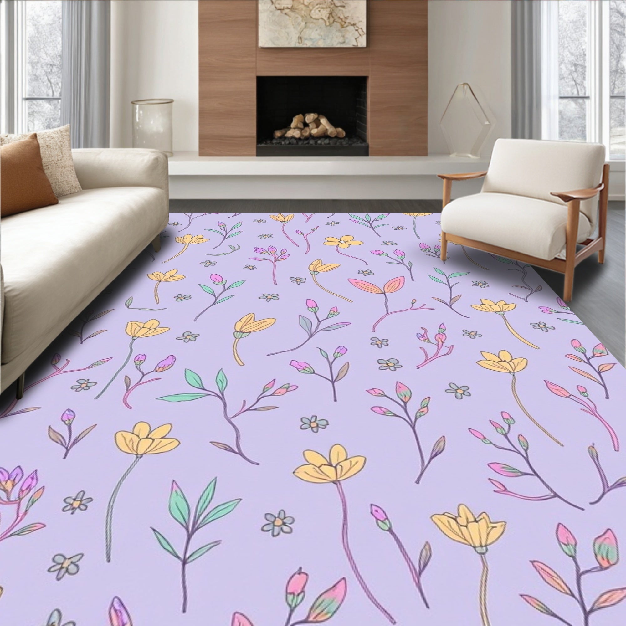 Pastel Floral Sketch Pattern Rug