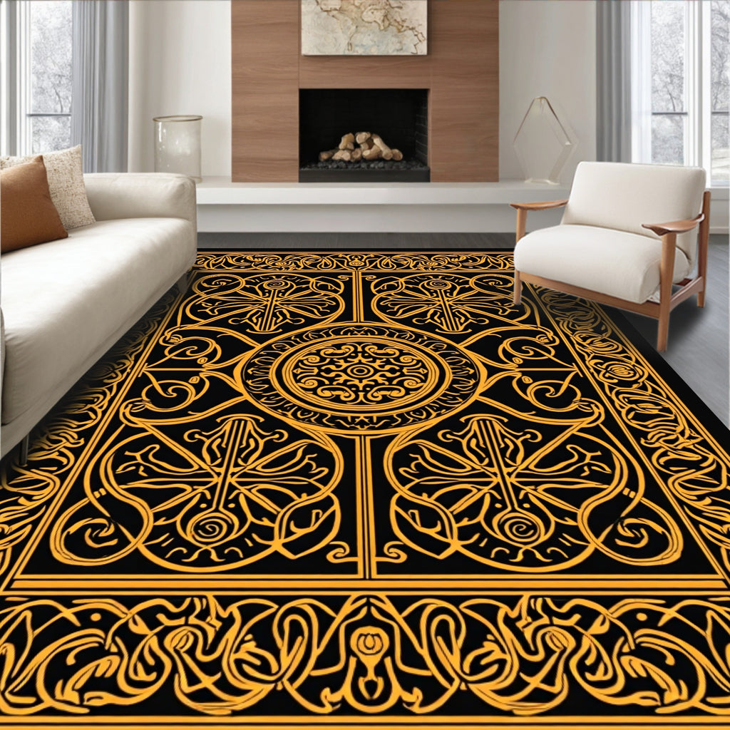 Intricate Gold Celtic Knot Pattern Rug