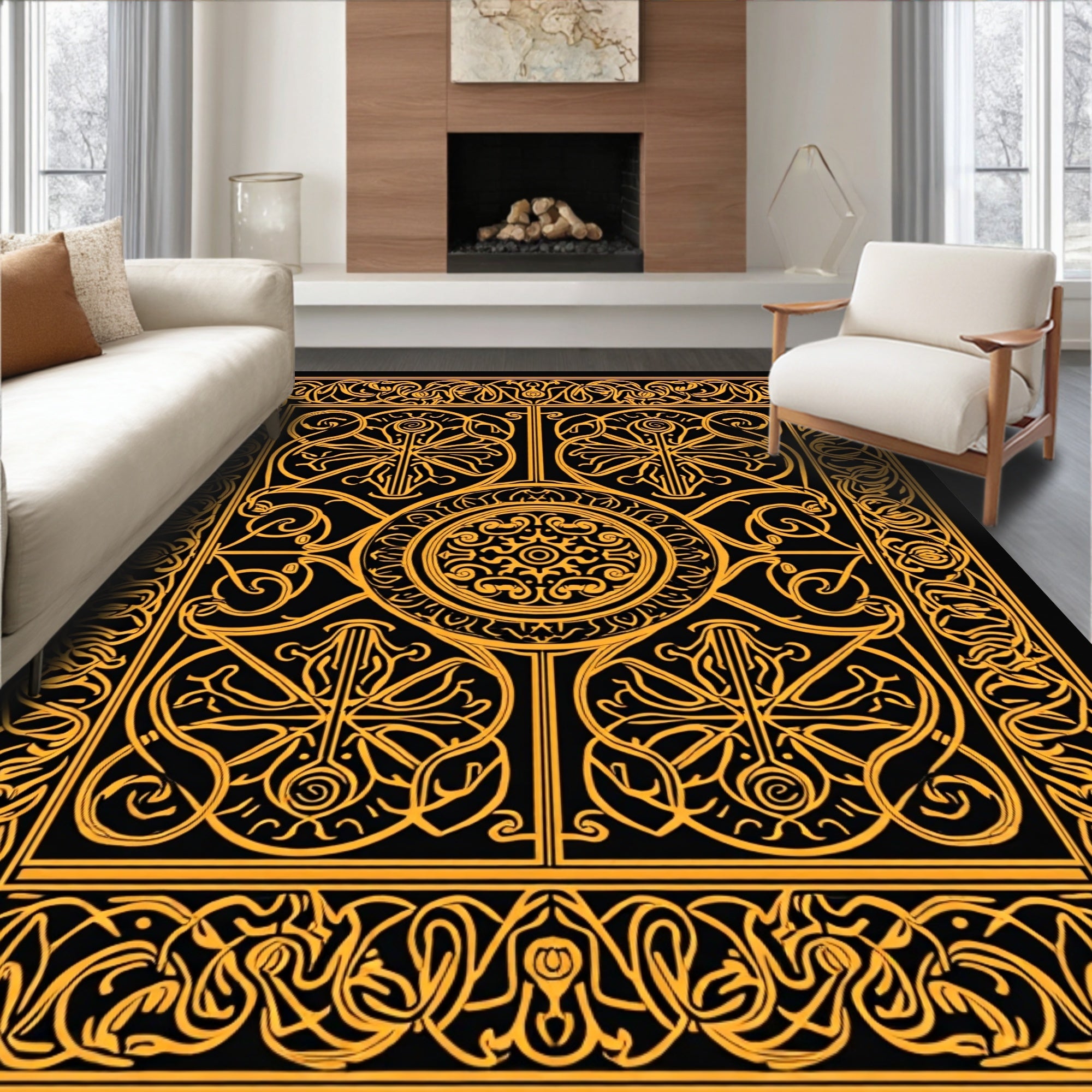 Intricate Gold Celtic Knot Pattern Rug