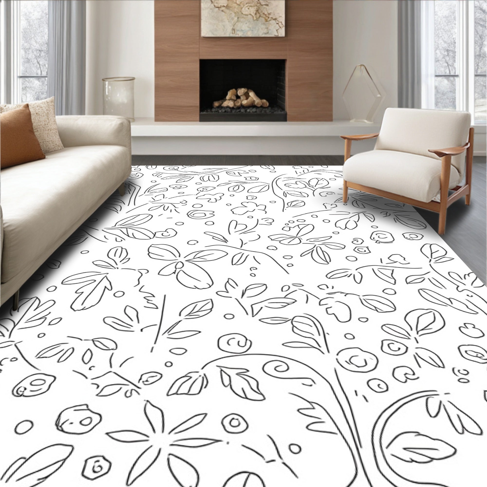 Whimsical Botanical Sketch Pattern Rug