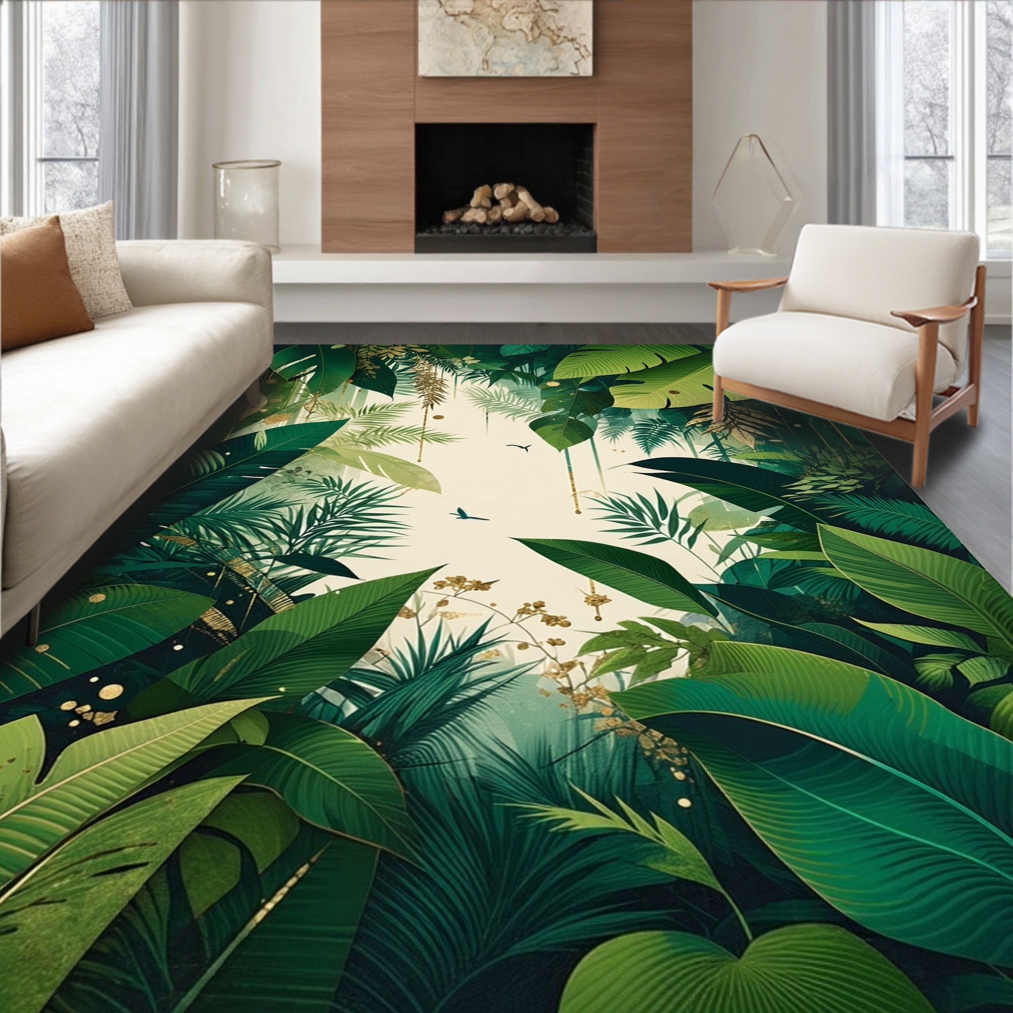 Lush Tropical Foliage with Gold Accents Rug