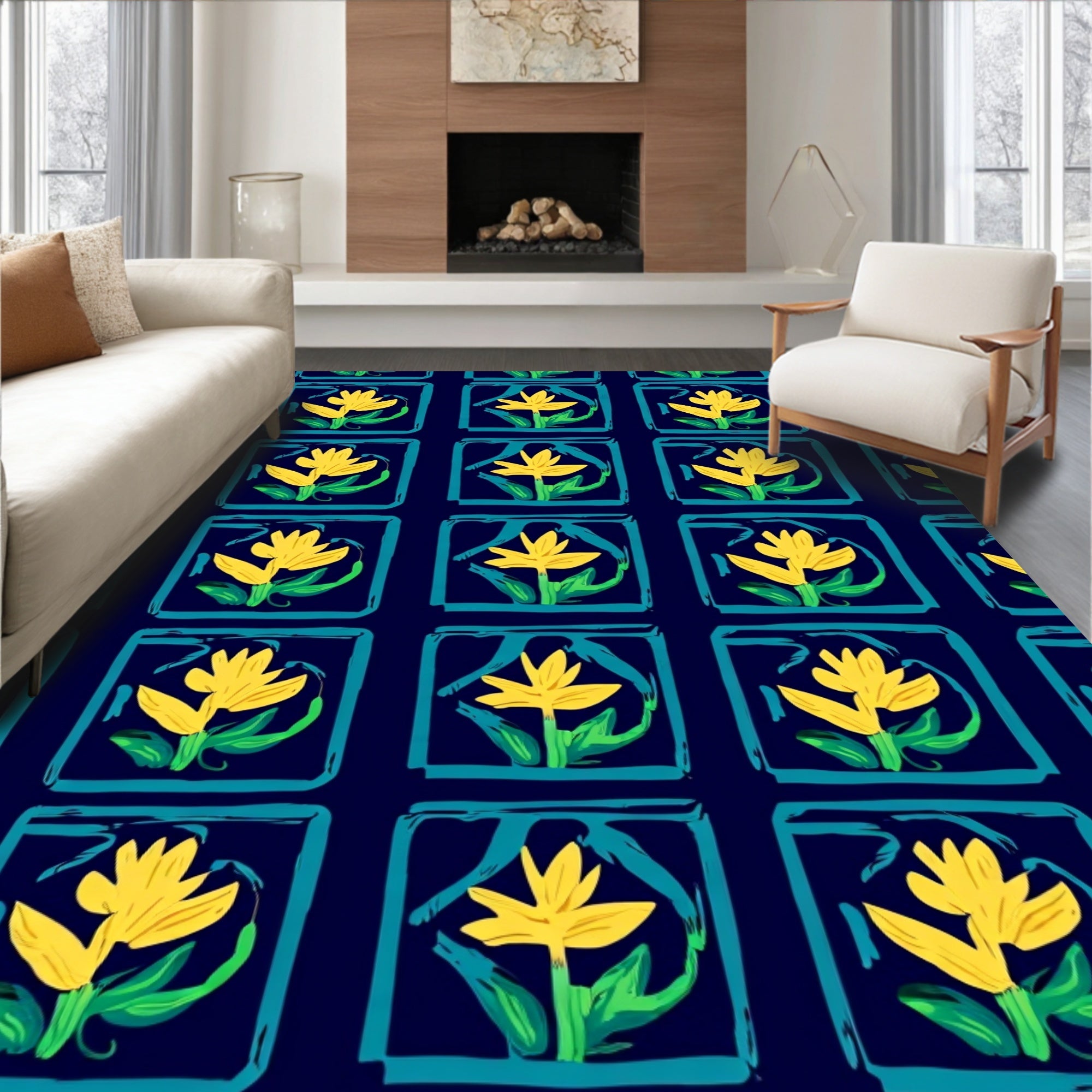 Yellow Floral Tile Pattern Rug