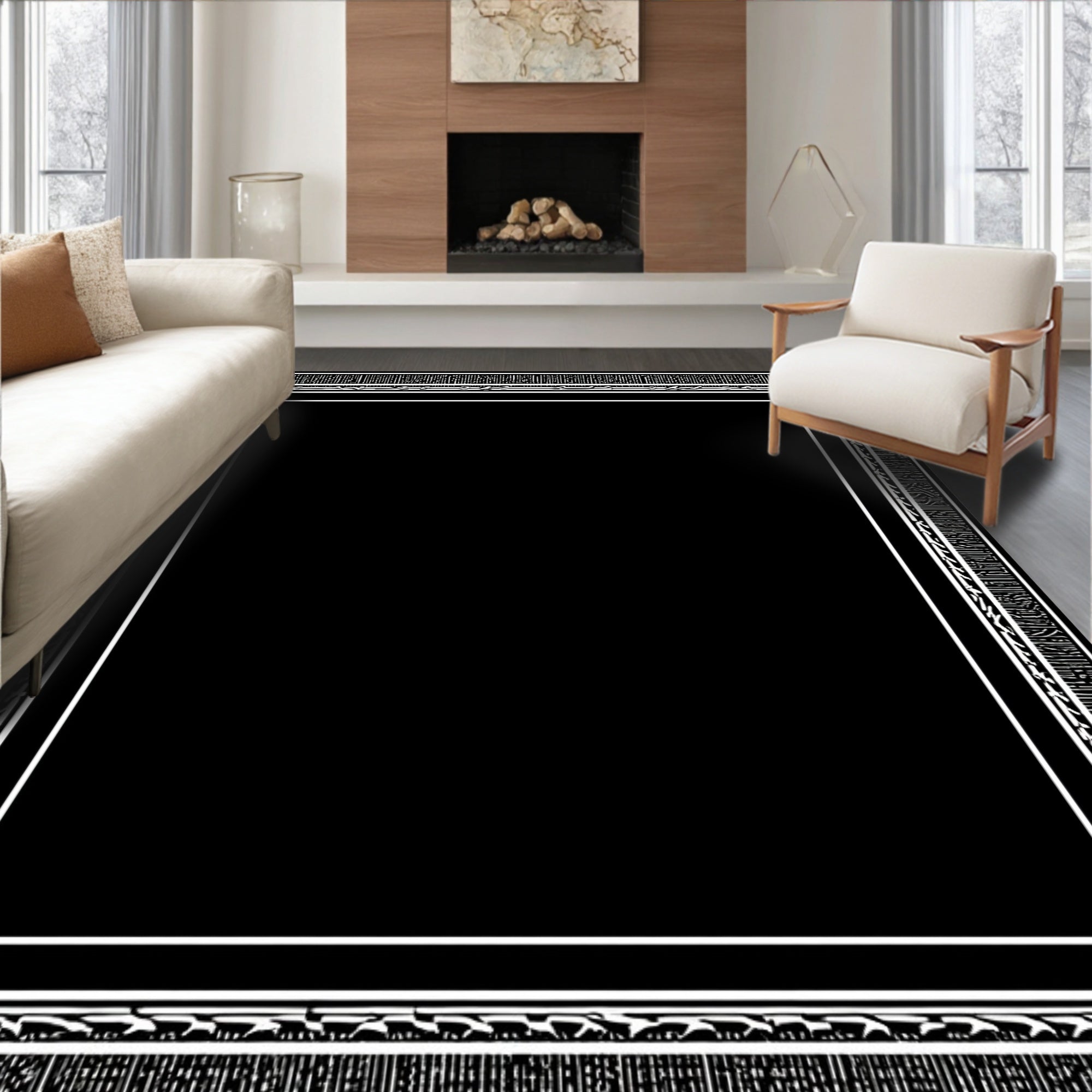 Elegant Black White Abstract Border Rug