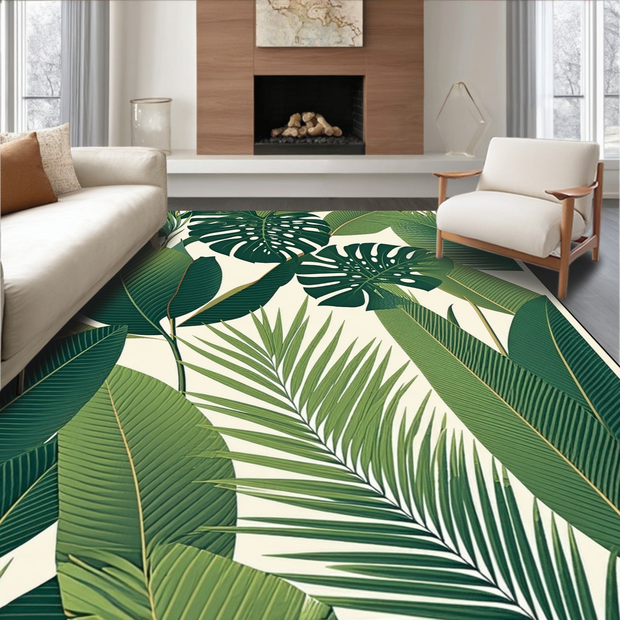 Lush Green Tropical Leaf Pattern Rug