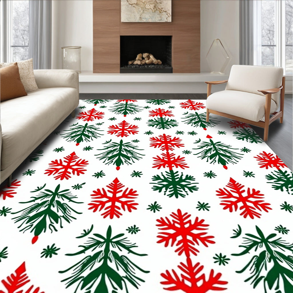 Festive Red Green Snowflake Trees Rug