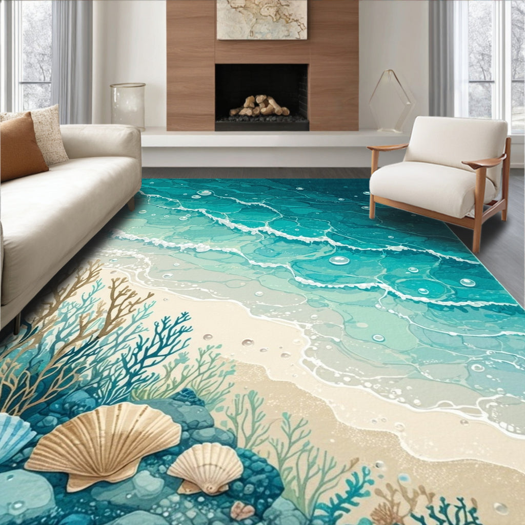 Ocean Waves And Shells Scenic Rug