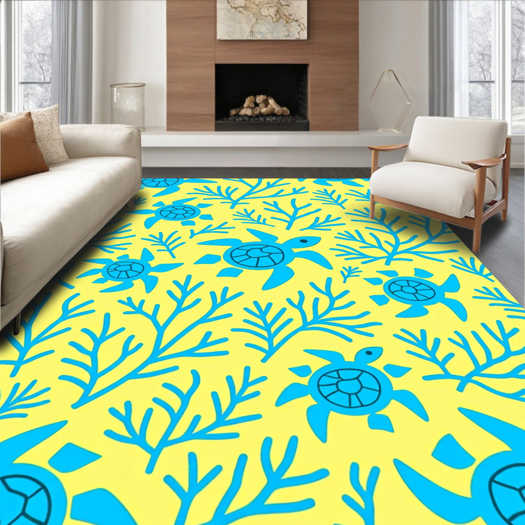 Turquoise Turtle Coral Patterned Design Rug
